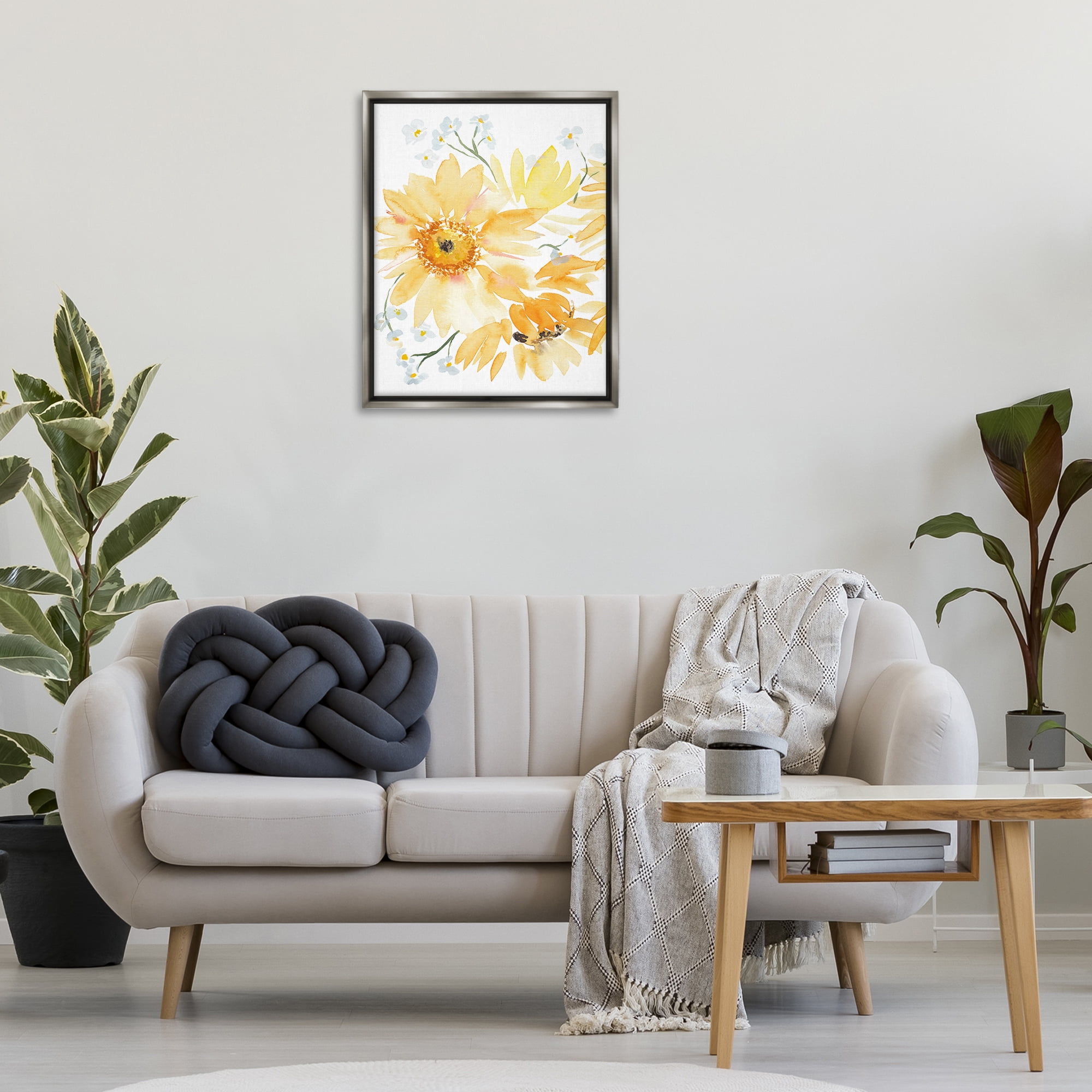 Stupell Industries Yellow Brushed Flowers Botanical & Floral Painting Gray Floater Framed Art Print Wall Art, 25 x 31