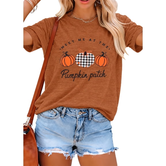 KimSoong Women Thanksgiving Shirt Plaid Pumpkins Graphic Crew Neck Short Sleeve T-Shirts Tops