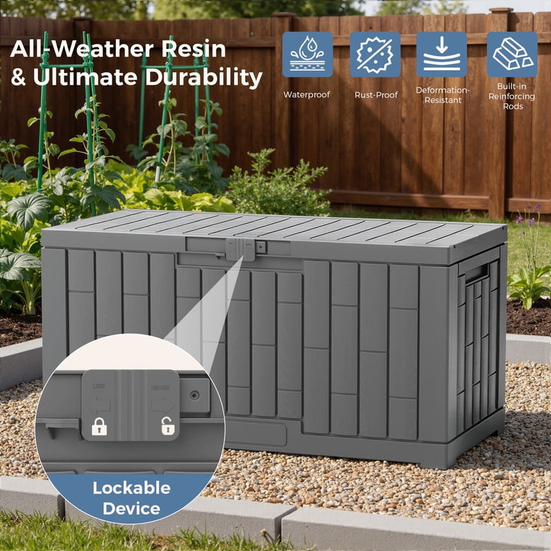 Gianna 60 Gallon Deck Box, Lockable Resin Outdoor Storage Box with Hundles, UV Resistant Waterproof Storage Bin for Patio Cushions Gardening Tools, Gray