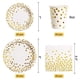 thumbnail image 2 of Platos de postre desechables con lunares dorados, platos de cumpleaños, juegos de servilletas con vajilla para ocasiones especiales para suministros de fiesta en blanco y dorado (145 piezas), 2 of 6