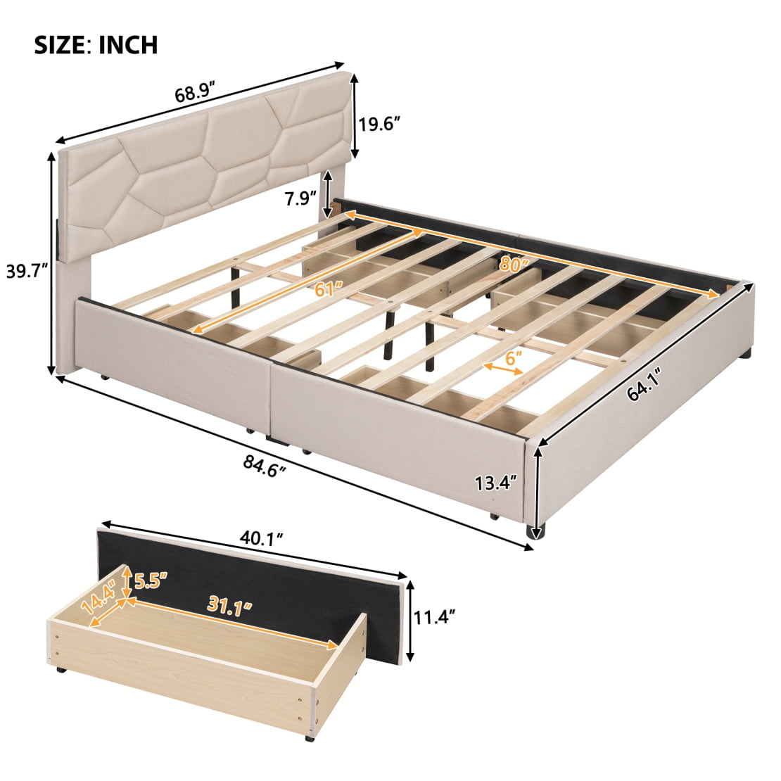 Queen Size Upholstered Platform Bed with 4 Storage Drawers