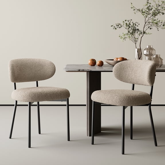 MALOL Dining Chairs Set of 2, Boucle Dining Room Chairs with Metal Legs & Curved Backrest & Thick Cushion, Modern Upholstered Teddy Fabric Sherpa Kitchen Side Chairs, Camel