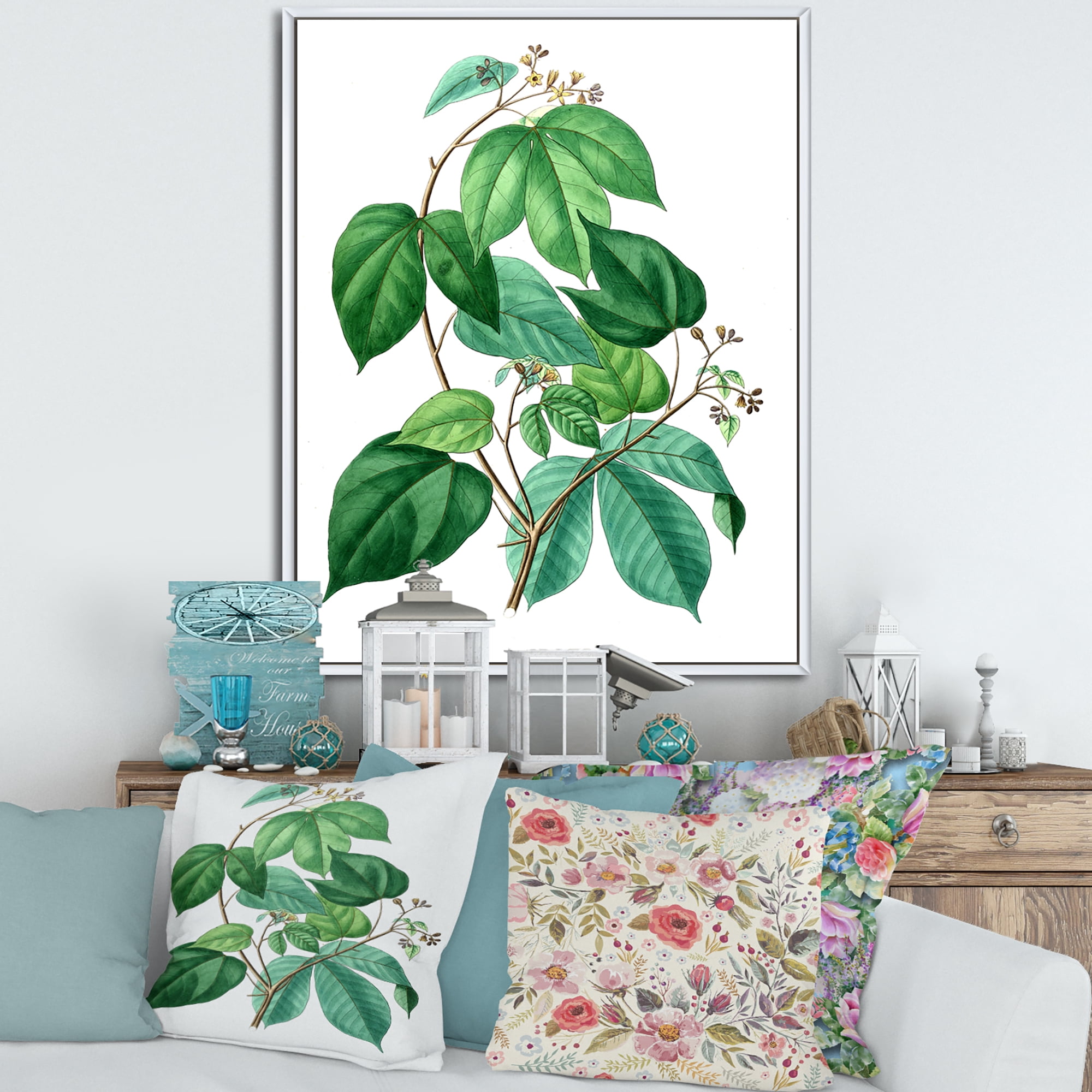 Designart 'Ancient Green Leaves Plants III' Traditional Framed Canvas Wall Art Print