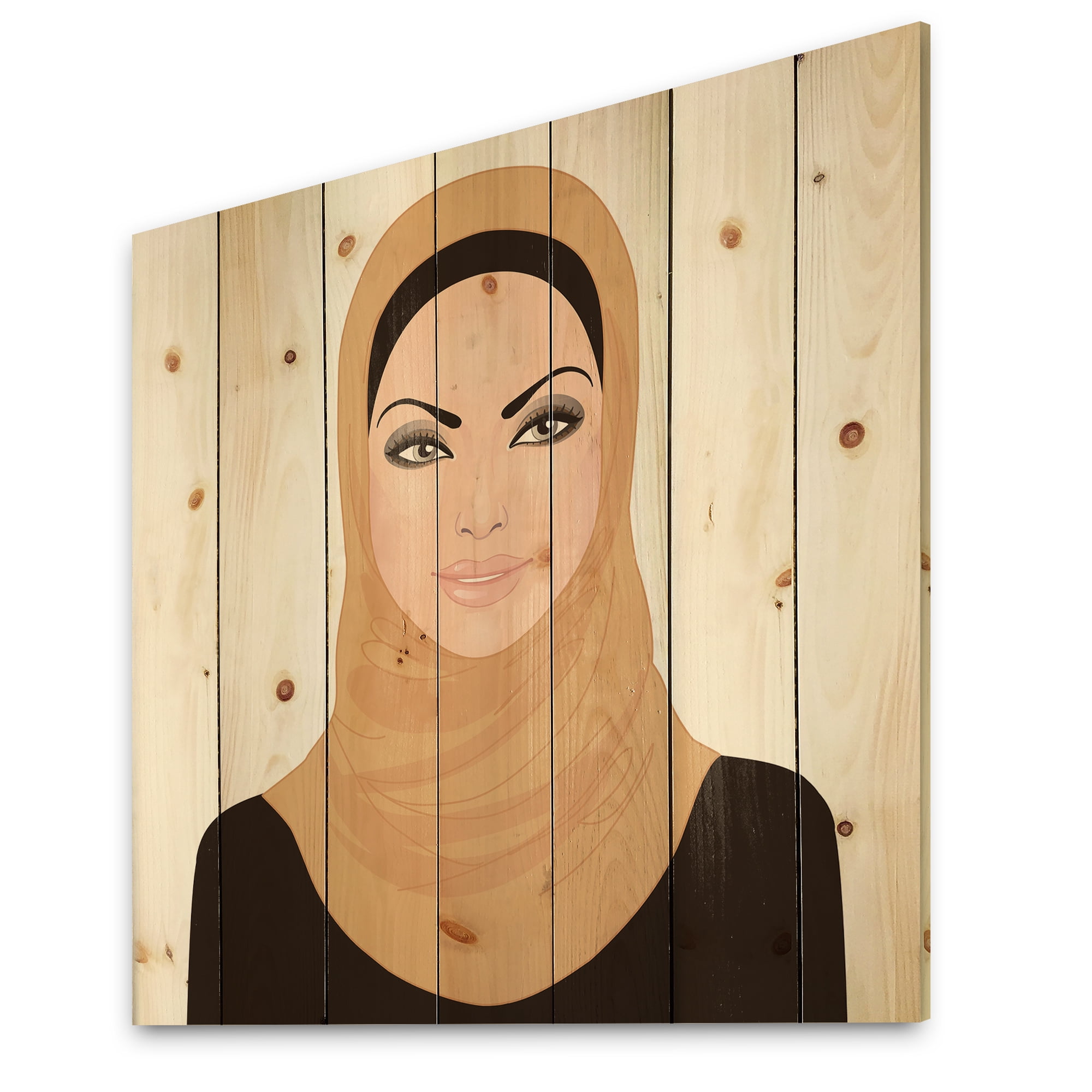 Designart 'Portrait of Muslim Girl In Traditional Hijab' Modern Print on Natural Pine Wood