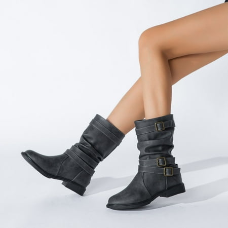 

YOTAMI Womens Shoes Women s Shoes Fashion Minimalistic Solid Color British Style Round Toe Low-heel Buckle Boots Black