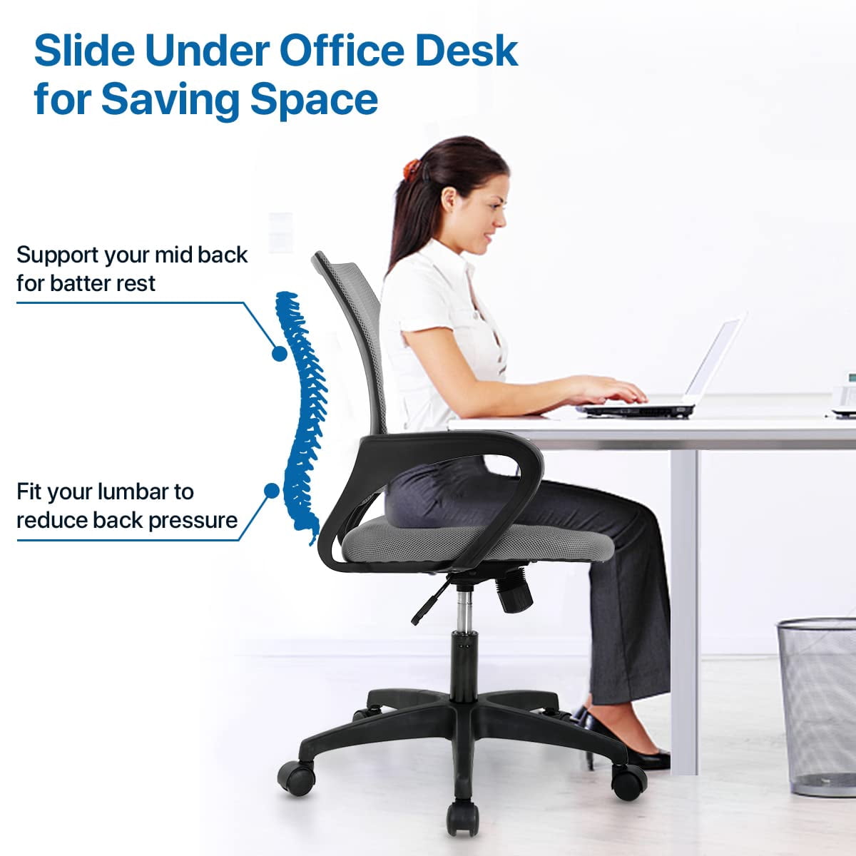 NiamVelo Mesh Office Chair, Mid-Back Home Office Chair Adjustable Ergonomic Desk Chair with Armrest, Rolling Swivel Chair for Adults, Grey