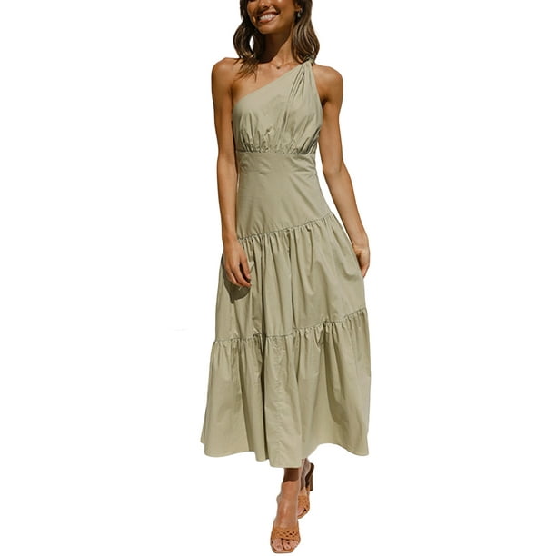 YiLvUst Women Casual Summer Dresses Boho Dress One Shoulder Sleeveless High Waist Swing Maxi Dresses
