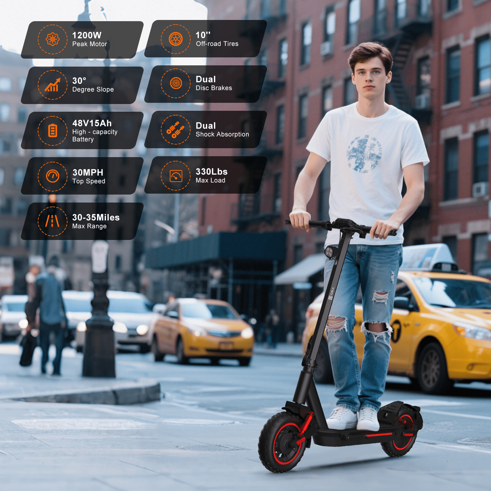 OBX 1200W Electric Scooter for Adults, 30MPH & 28-33Miles,10-Inch Pneumatic Tire Off-Road Folding Long Range Commuter Scooter with 48V 13Ah Battery
