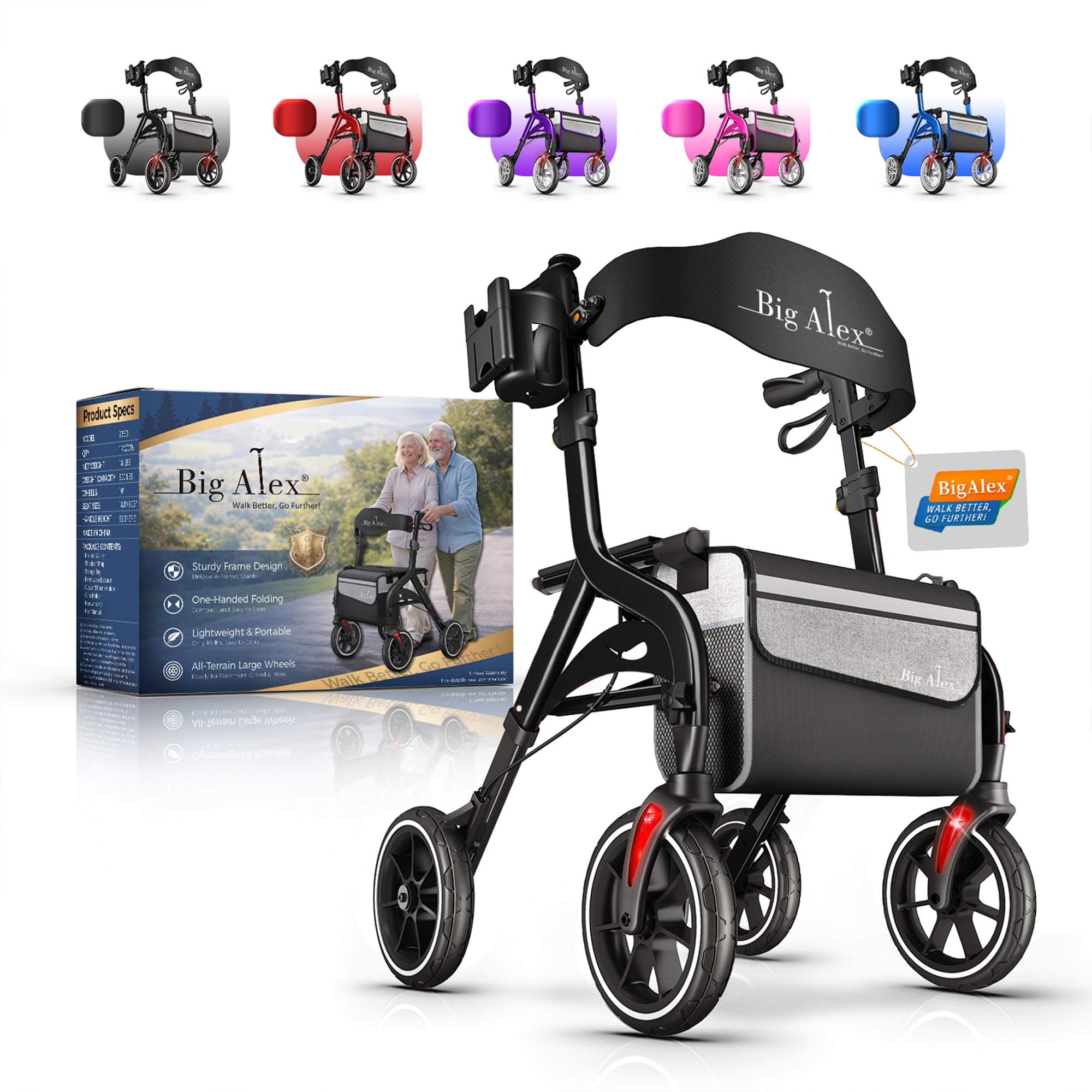 BigAlex Foldable Rollator Walker with Seat, 10-Inch Wheels, Adjustable, Black