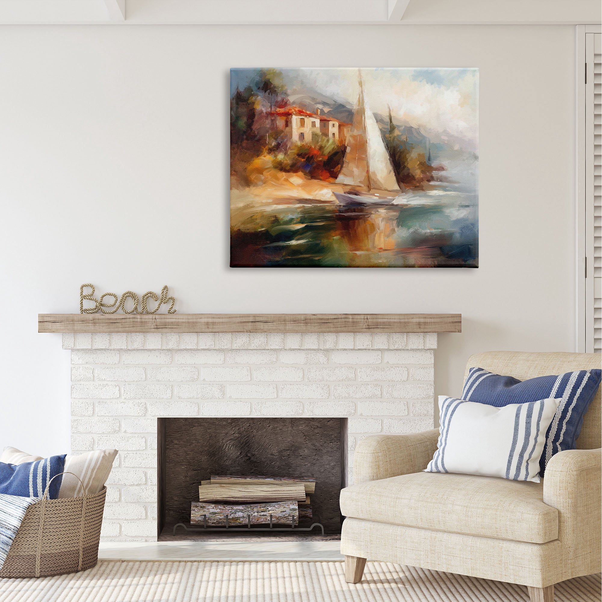 Stupell Industries Sailboat by Town Shore Transportation Painting Gallery Wrapped Canvas Print Wall Art, 48 x 36