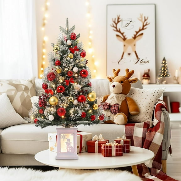 FOLDLIFE 3ft Pre-Lit Snow Flocked Christmas Tree with Lighting Snowman Base, Small Artificial Hinged Xmas Treee with 78 LED Lights, 8 Lighting Modes,Battery Powered Timer