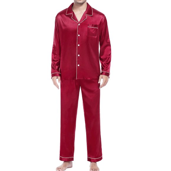 BKQCNKM Ensemble de Pyjama pour Hommes Ensembles de Détente pour Hommes Pyjamas Décontractés Chemisier à Manches Longues à Boutons Soie Satin Deux Tenue de Nuit Pantalon Pyjama Grande Taille Pyjamas Rose Vif 4TG(Papa)