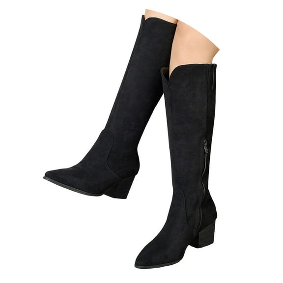 Mepaouo Suede Knee High Boots for Women Pointed Toe Cowboy Western Boot Dressy Pull on Wide Calf Boots