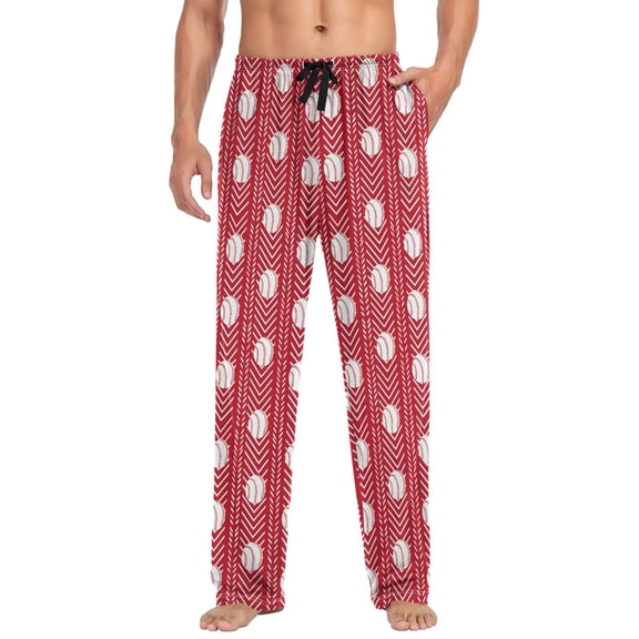 joogoo Men's Pajama Pants Baseballs on Red Soft Long Sleep Lounge Pjs Bottoms L