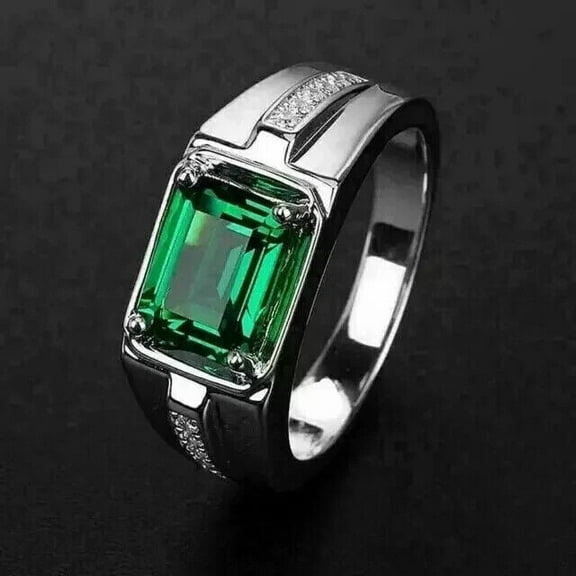 2.5Ct Emerald Lab Created Green Emerald Men's Wedding Band Ring 14K White Gold Plated Silver