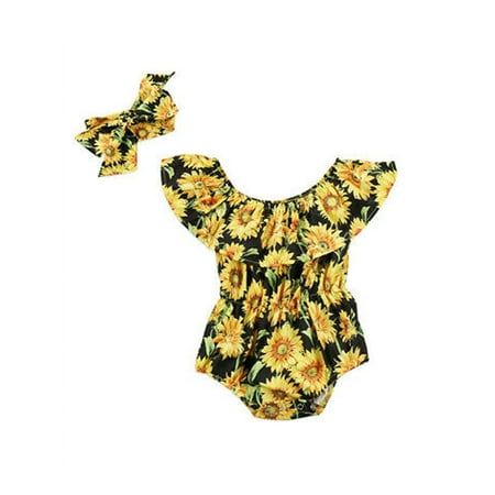 

Licupiee Newborn Baby Girls Sunflower Romper Off Shoulder Bodysuit Jumpsuit Sunsuit Outfits Set Bowknot Headband Clothes
