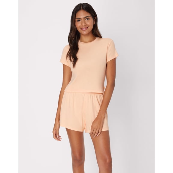 Hanes Originals SuperSoft Comfywear Women’s Ribbed Babydoll Tee & Shorts Pajama Set - Soft Loungewear Mellow Peach/Mellow Peach XL