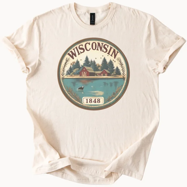 ALVORD T-Shirt Graphique Wisconsin Lake Barn Scène de Nature Ferme du Midwest 1848 Unisexe P-5TG