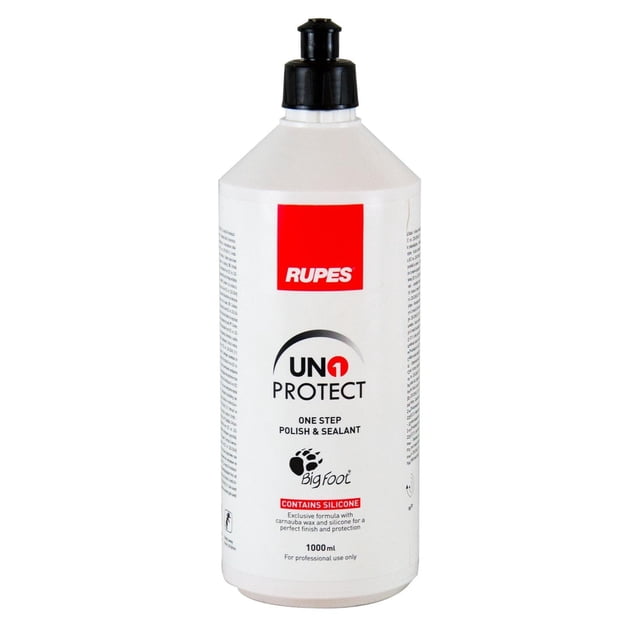 esmalte y protector rupes uno, 1000 ml, todo en uno botella blanca de 1 L con tapa dosificadora negra, vista frontal centrada con etiqueta roja RUPES, logo UNO PROTECT y texto 'one step polish & sealant'; envase plástico cilíndrico con instrucciones laterales visibles, formulado para pulir y sellar acabados de pintura automotriz; también suele usarse para retoques rápidos en paneles pequeños.