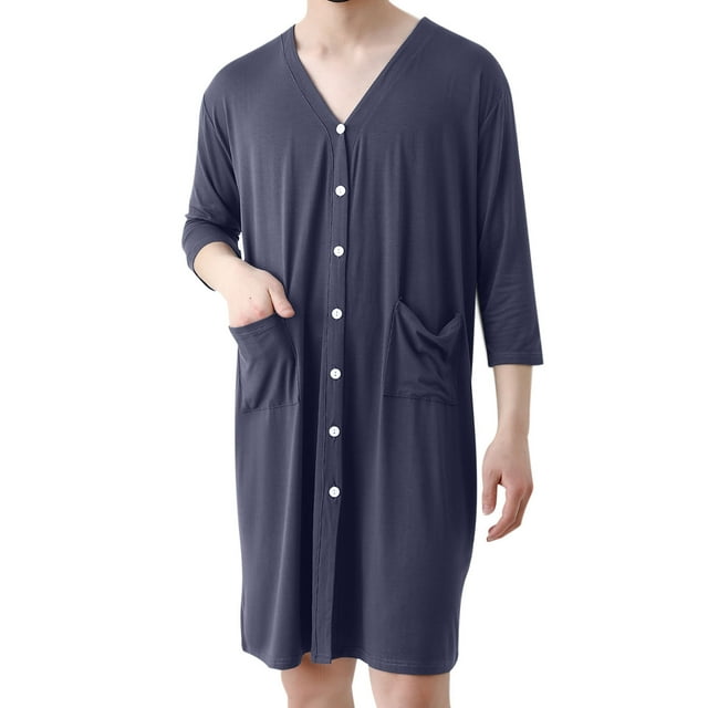 Men's Viscose Rayon Cardigan-Style Pajama Robe with V-Neck and Pockets