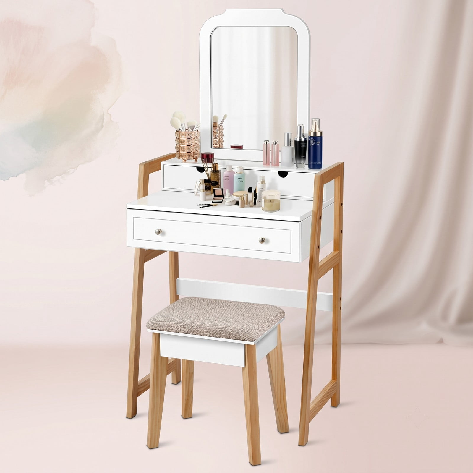 Furnibear Vanity Table Set with Large Mirror and Cushioned Stool, Makeup Dressing Table with 3 Drawers and 2-Tier Tabletop, White