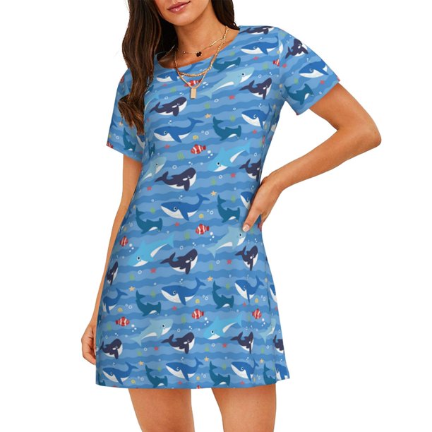 Disketp Blue Fish para Camisón Corto de Manga Corta para Mujeres, Camisón Cómodo con Escote Redondo, Bonito y Confortable