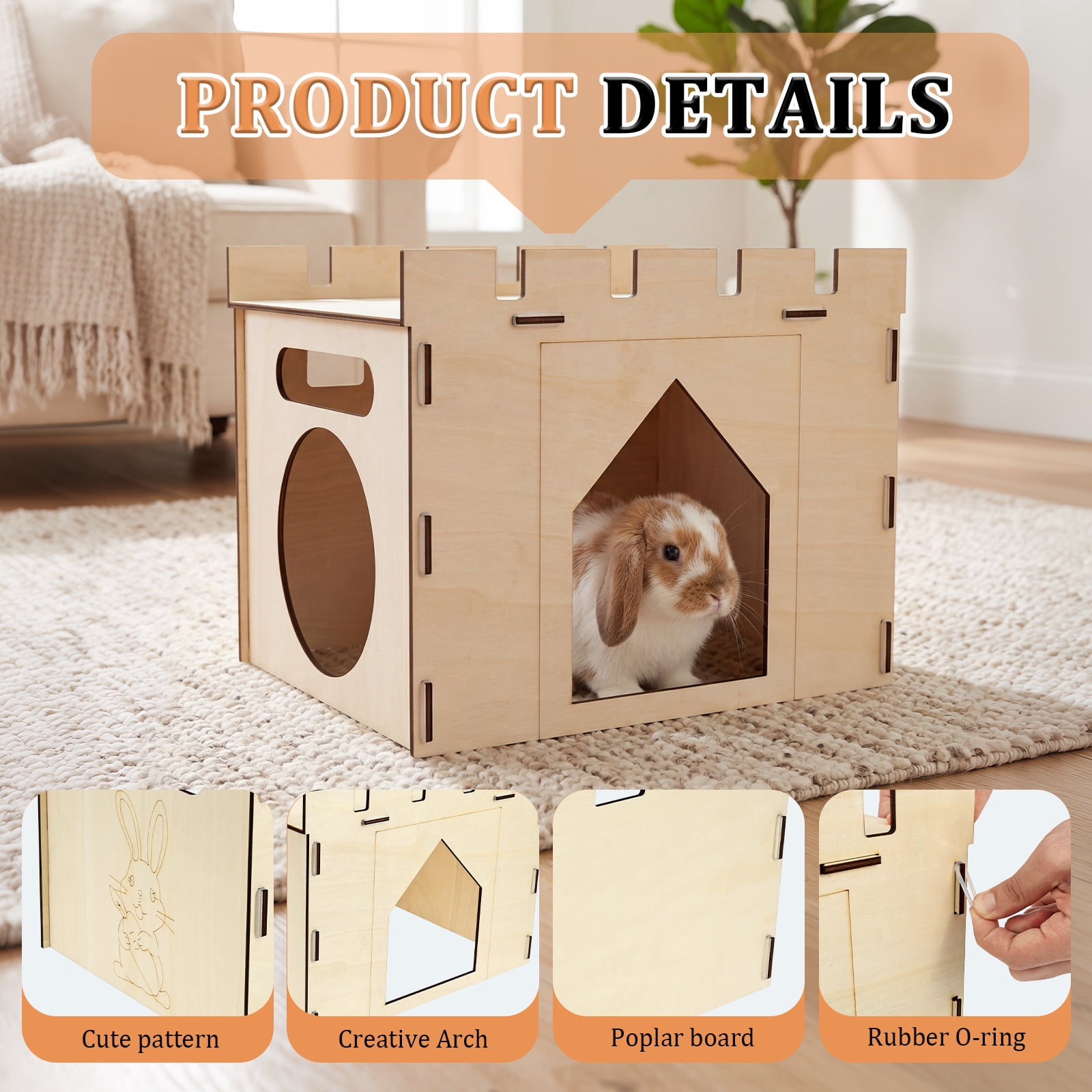 Wooden Bunny Castle House Easy Assembly Large Rabbit Hideout House Detachable Rabbit Castle Playhouse for Guinea Pig Chinchilla Gift for Rabbit Lover Wood