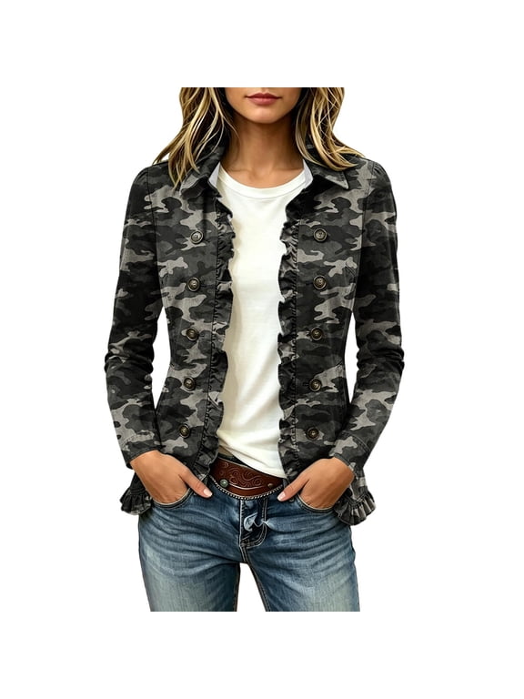 Women's Jacket Camo Lapel Collar Button Front Long Sleeve Casual Fall Winter Coat