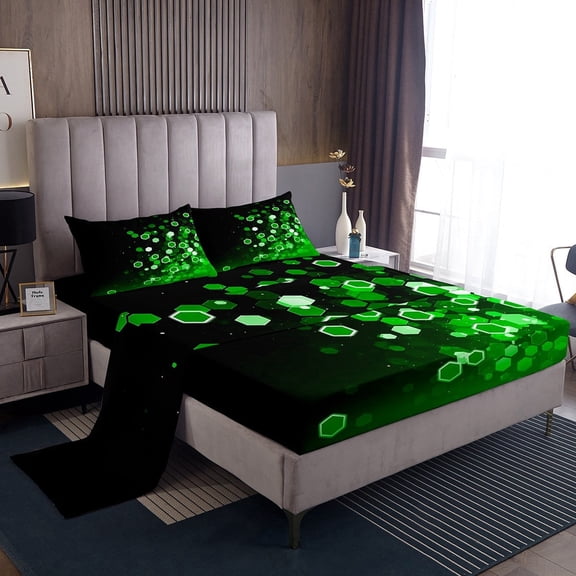 Erosebridal Geometric Honeycomb Sheet Set Twin,Black Green Bedding Sets Twin Size,Gradient Hexagon Twin Sheet Sets,Microfiber Ombre Bedroom Decorative,3pcs