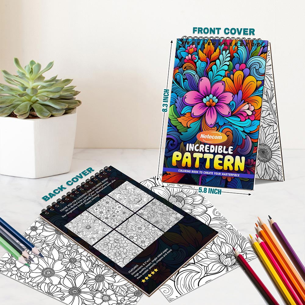 Netecom Incredible Pattern Coloring Book Spiral Bound For Adults, A5 Wooden Cover, 30 Beautiful Coloring Pages of Vibrant Flower and Nature-Inspired Designs for Stress Relief and Relaxation