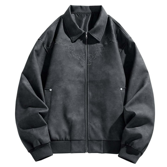 Maoxin Mens Leather Jacket Man Embroidery Solid Color Leisure Zipper Pocket Flip Collar Long Sleeves Leather Jacket Leather Jacket Plus Size Black 3XL