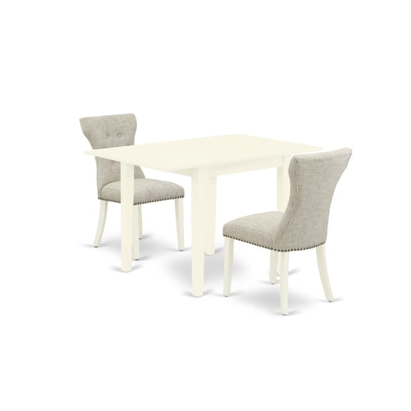 Ergode 3-Piece Wooden Dining Table Set | Asian Rubber Wood | Drop Leaves | Linen White Finish | Upholstered Chairs | Compact Size | Easy Assembly & Cleaning