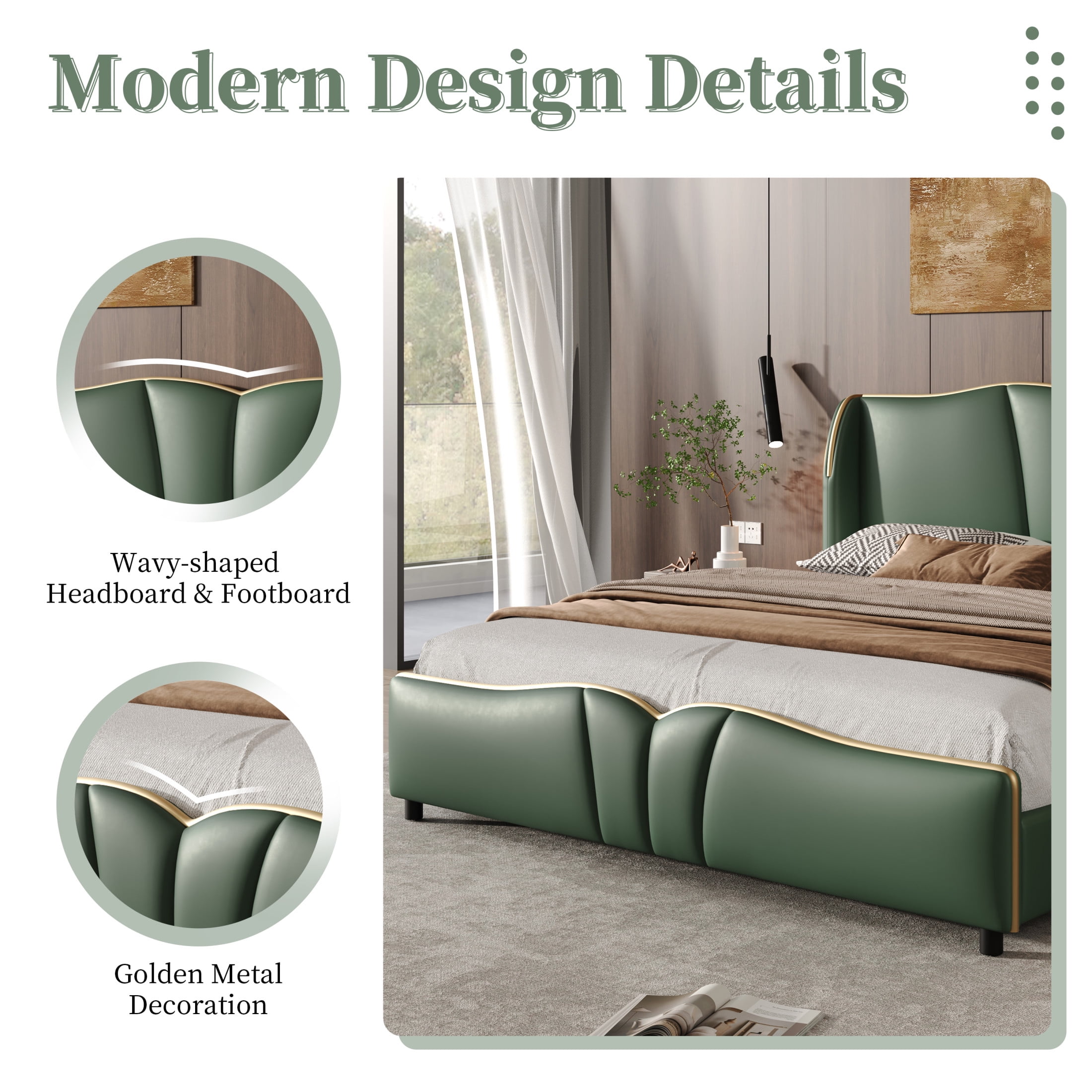 Christopher Knight Home Luxury PU Upholstered Queen Bed Frame with Wingback Headboard, Dark Green