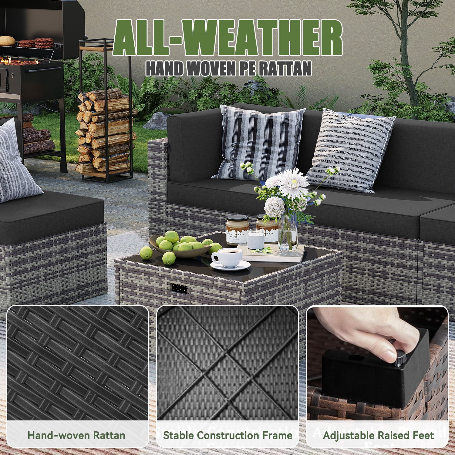 BaPiPro 7-Piece Outdoor Patio Furniture Set, Gray Wicker Rattan Sectional Sofa with Black Cushions & Coffee Table, All-Weather for Backyard, Porch, Deck, Balcony