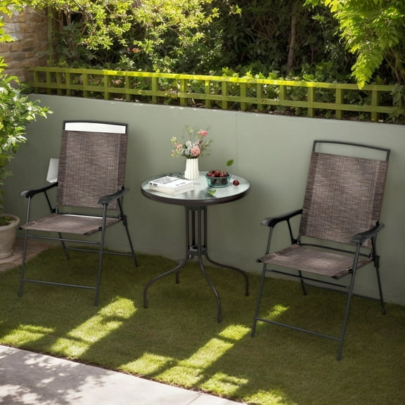 Yardi Yarda 3 Pieces Patio Round Table and Folding Chairs Set, Patio Table with Rippled Tempered Glass Tabletop for Outdoor as Yard, Brown