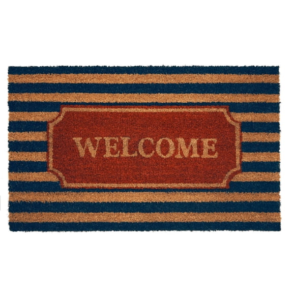Kate Aurora Nantucket Coastal Striped Navy Colored Welcome Coir Bristled Outdoor All Season Welcome Mat - 18"x30"