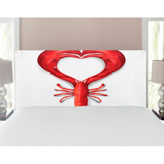 Sea Animals Headboard, Boiled Lobster Shapeds Heart Fish Dinner Seafood Love Restaurant Menurt, Upholstered Decorative Metal Bed Headboard with Memory Foam, Full Size, Red, by Ambesonne