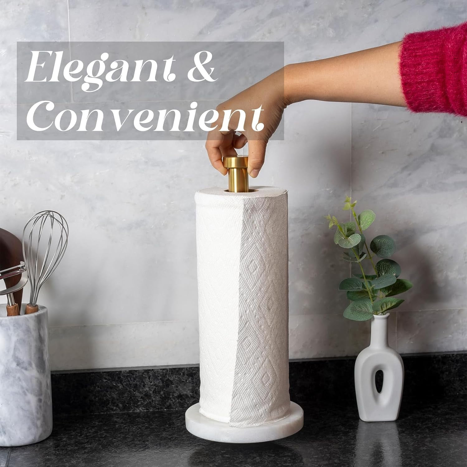 African Genuine Marble Paper Towel Holder Countertop, 6" Stone Base Gold Rod Stand for Kitchen Storage, Standard or Jumbo-Sized Rolls