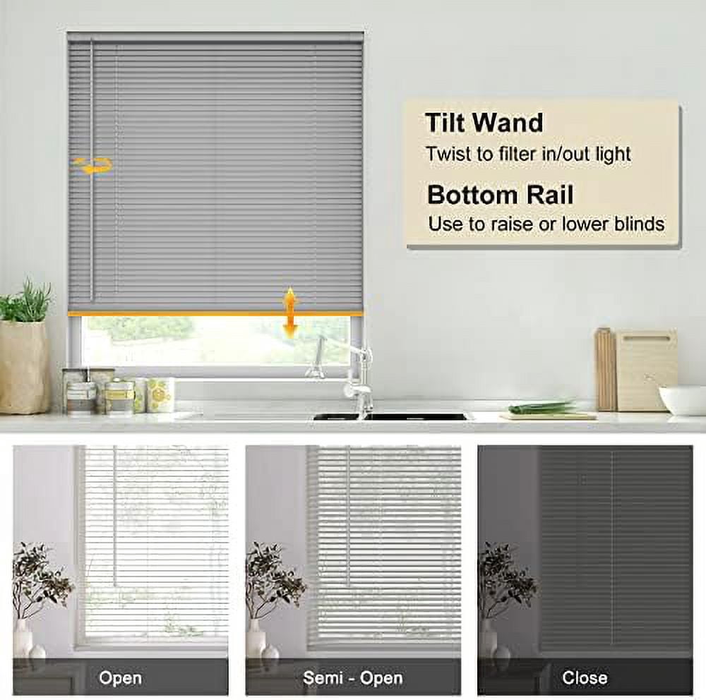 No Tools No Drill 1" Vinyl Mini Blinds, Cordless Blinds for Windows, Light Filtering Horizontal Window Blinds & Shades, 24" W x 48" H, Grey