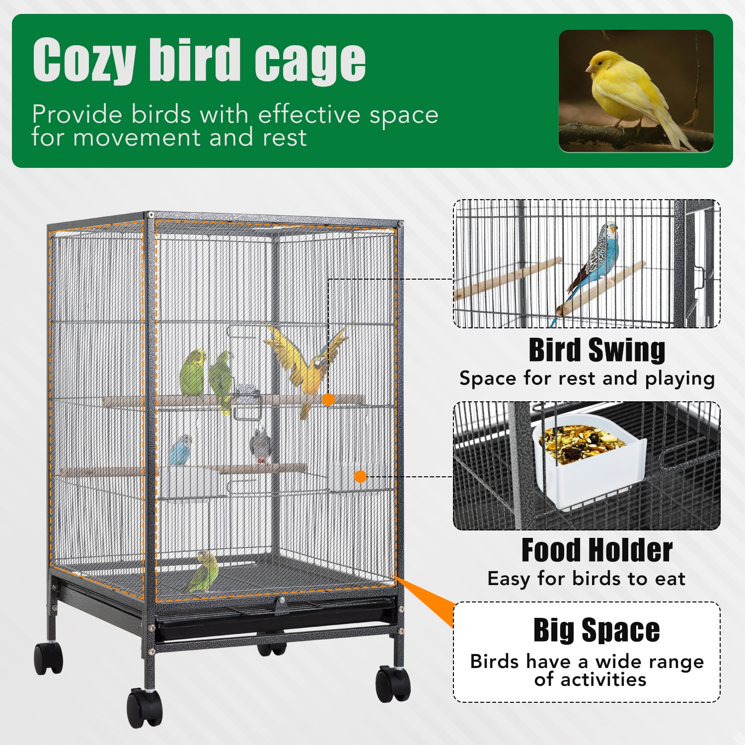 YRLLENSDAN 35in Bird Cage, Parrot Cage Wide Bird Cage with Play Open Top & Rolling Stand Parakeet Cage for Birds Parrots Parakeets