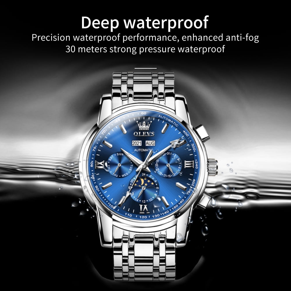 OLEVS Automatic Watches for Mens Self Winding Mechanical Multifunction Chronograph Luxury Business Dress Moon Phase Stainless Steel Waterproof Luminous Calendar Mens Wrist Watches Reloj Para Hombre