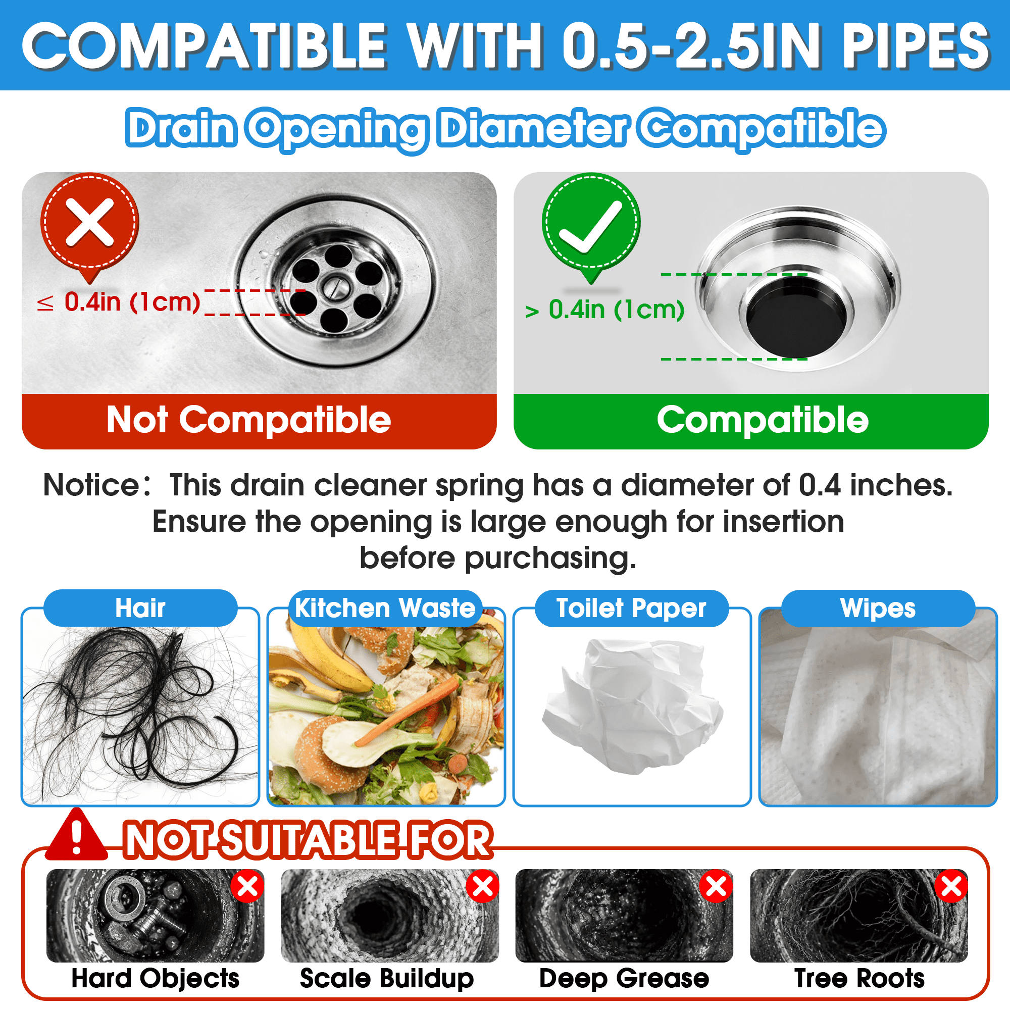 GARITIN 16 Ft Plumbing Snake Drain Auger for unclogging drains, Flexible Steel Drain Clog Remover, Reusable Sink Snake for Kitchen Sink, Bathtub, Bathroom & Floor Drains