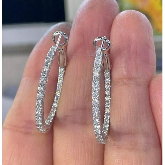 2 Ct Round Cut Moissanite Women Hoop Earrings 14K White Gold Plated