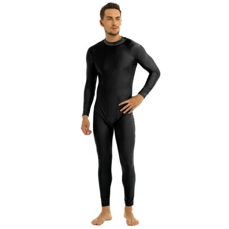 Moggemol Men's Spandex Jumpsuit Long Sleeve One Piece Unitard Zentai Bodysuit Dancewear Zipper Black XL