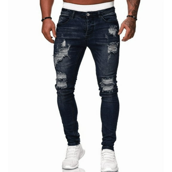 Men’s Distressed Skinny Fit Ripped Denim Jeans, Dark Wash, Large