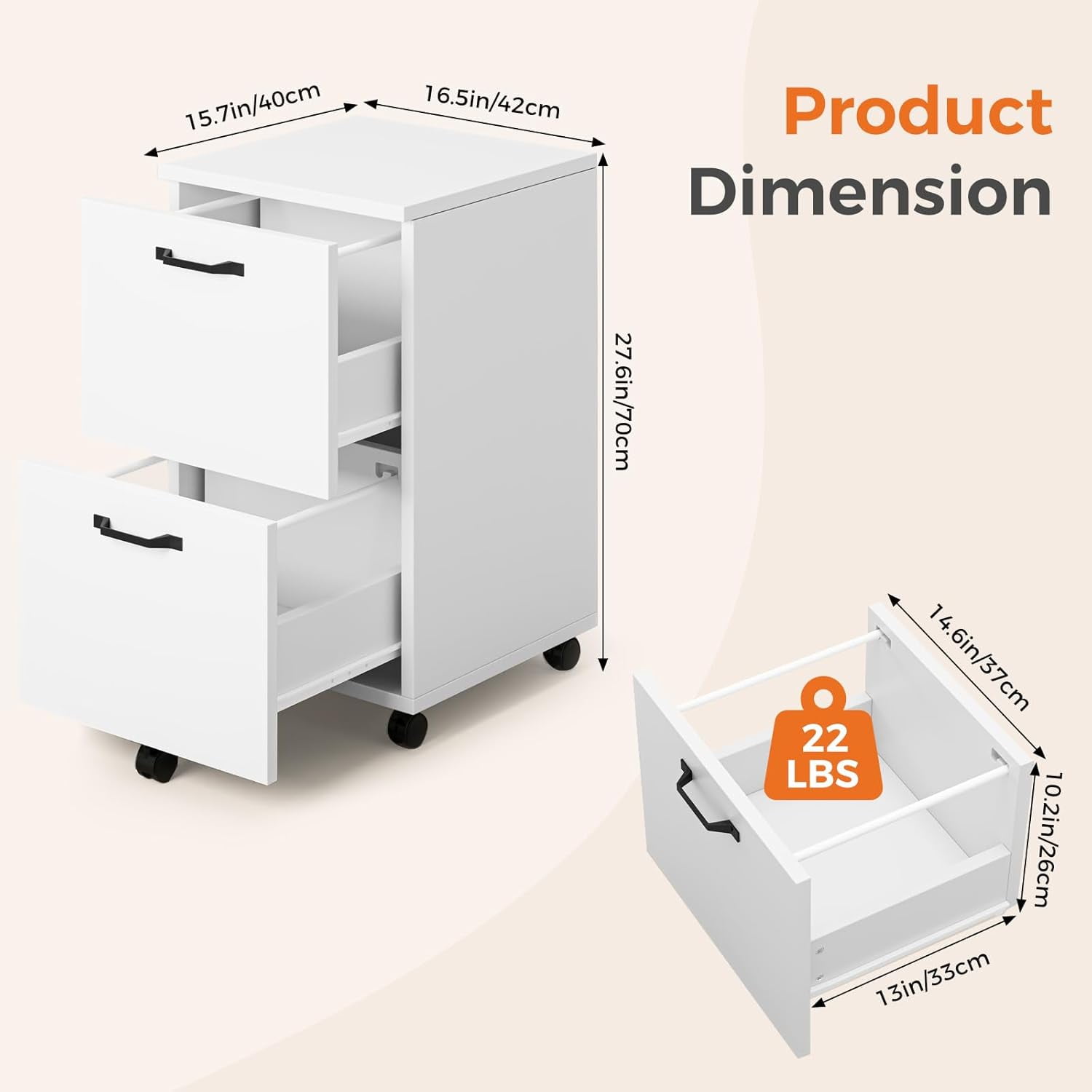 JIOABL 2 Drawer Rolling File Cabinet with Lockable Wheels, Mobile Printer Stand with Storage, White, 1 Set