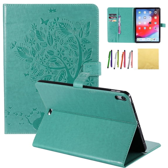 iPad Pro 11 2018 Case, Allytech Embossed Cat & Tree PU Leather Stand Folio Wallet Case Cover with Credit Card Slots for New Apple iPad Pro 11 2018, Green