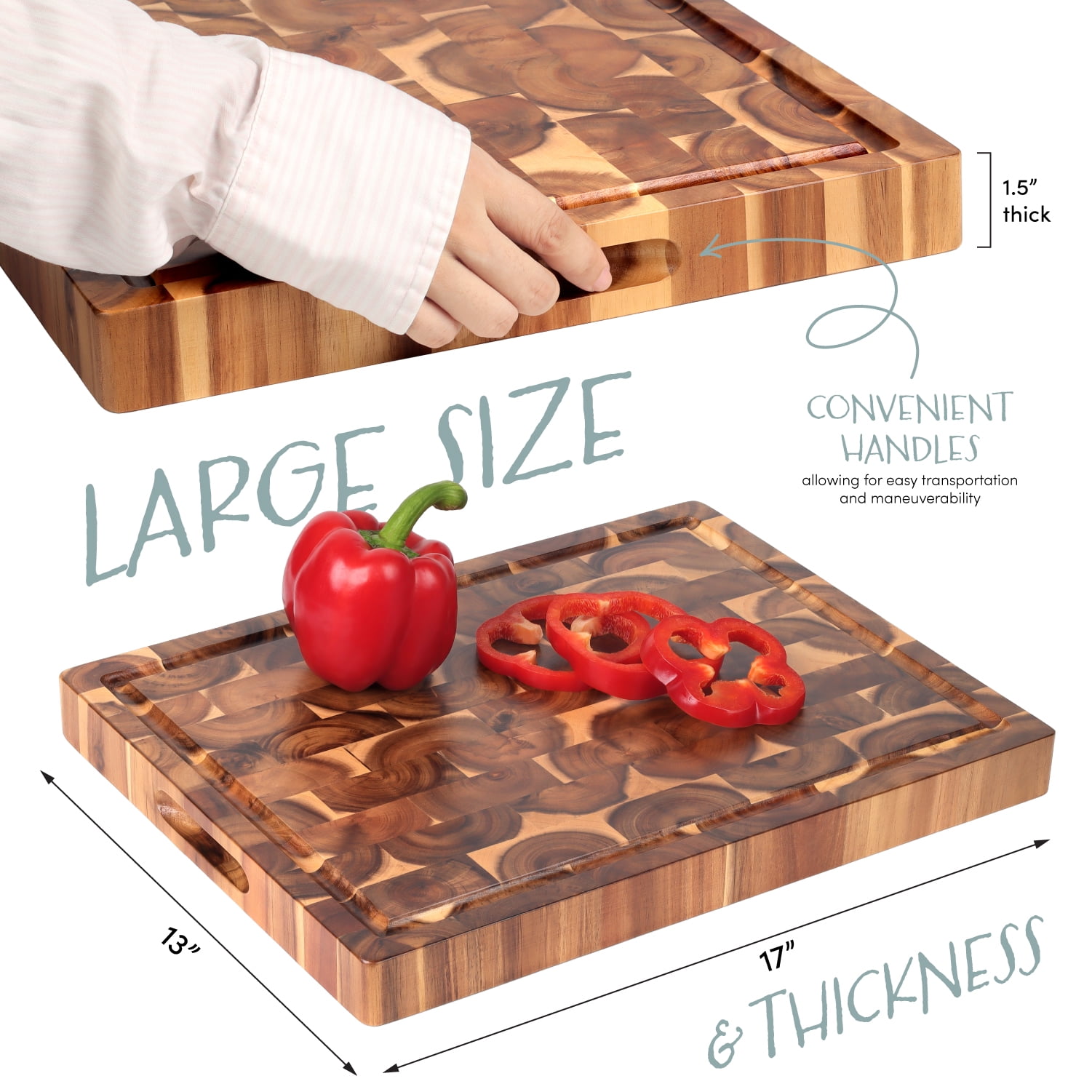 Cutting Board (17x13x15in) End Grain Cutting Board, Acacia Wooden Cutting Board, Butcher Block, Chopping Board - Reversible Multipurpose For Kitchen with Juice Groove, Cracker Holder & Inner Handles