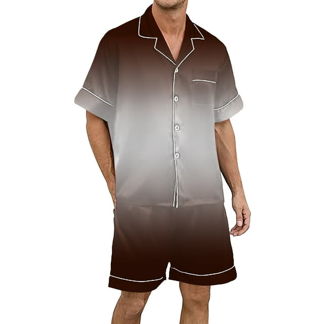 Men's Gradient Printed Silk Satin Short Sleeve Button Up Pajama Loungewear Set for Comfortable Sleep