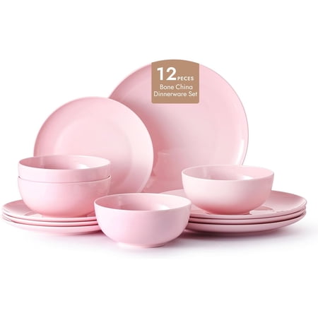 12-Piece Bone China Dinnerware Set for 4 Sakura Pink Round Plates and Bowls Microwave and Dishwasher Safe